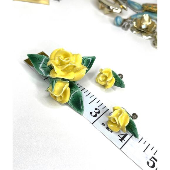 VINTAGE Brooch Earrings Yellow Rose Porcelain Capodimonte vtg Flower AU01 - Picture 6 of 6